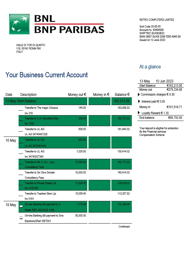 Modèle Word et PDF de relevé d'entreprise de BNL Bank